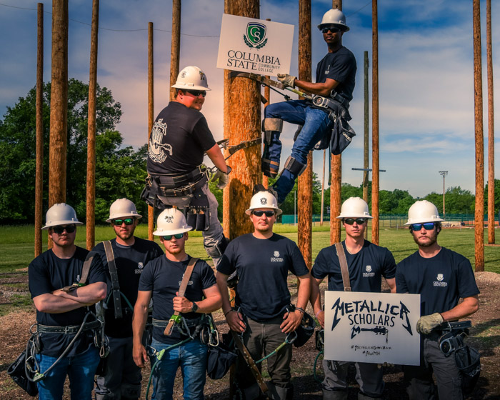 Pictured (on pole, left to right): Metallica Scholars Initiative recipients Jacob Johnson from Pulaski and Keivarian Barner, Columbia. Standing (left to right): Nathan Jackson from Caro, MI; McAdams Wilson from Columbia; Jacob Gregg from Chapel Hill; Garth Marchant from Pulaski; Ethan Hardison from Culleoka; and Trevor Gleyze from Columbia.