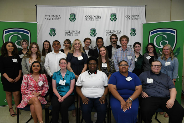 Pictured (standing, left to right): Kyla M. Polk received the Human Anatomy and Physiology Academic Discipline Award; Julian Peacock received the Philosophy Academic Discipline Award and was honored for serving as Phi Theta Kappa vice president of leadership; Sasha Patritzia Erickson received the Mathematics and Physics Academic Discipline Awards, an Academic Excellence Award and the Leadership Award for the Williamson Campus; Bailee Dale received the Medical Laboratory Technology Academic Discipline Award; Erik Nieto-Vasquez received the Jo L. Hutton Prize, Academic Excellence Award and was honored as a TRiO Student Support Services graduate; Ashley Zerfas received the Agriculture Academic Discipline Award; Brynley Childers received the Art Academic Discipline Award; Hannah Alethe Fritsch was honored for serving as the Student Government Association At Large House of Representatives and as Phi Theta Kappa vice president of Scholarship; Olivia A. Loud received the World History Academic Discipline Award; Yana H. Burns received an Academic Excellence Award; Zachary Tyler McBride received the Computer Information Technology Academic Discipline Award; Thomas Walker Brady received the Business Administration Academic Discipline Award and an Academic Excellence Award; Ashton Lindsey Lofback received an Academic Excellence Award and the GFWC of Maury County Women’s Club Scholarship; Cammi G. Powell was honored by the Leadership U Honors Society; and Deanna E. Smith received the Lambda Beta Honor Society Award. Sitting (left to right): Charity Hope Dailey-Johnson received the Anesthesia Technology Academic Discipline Award; Katlyn E. Coker was honored as a TRiO Student Support Services graduate; Tralisa Monique Williams was honored as a TRiO Student Support Services graduate; Nastaja L. Jernagin was honored for serving as the Student Government Association At Large House of Representatives; and Jayden Mcfatridge received the Nursing Academic Discipline Award. Not pictured: Kaylie Mehlenbeck received a TCCAA Second Team All-Academic Athletics Women's Soccer award; Moriah Grace Melikian received a TCCAA Second Team All-Academic Athletics Women's Soccer award; Grant O’Connor was honored for serving as the Student Government Association At Large House of Representatives; Mason Ryan Roberson was honored for serving as Sigma Kappa Delta treasurer; Marietha Abby Roberts received the Leadership Award for the Columbia Campus and was honored for serving as Student Government Association vice president; Tibbie M. Rodriquez was honored as a TRiO Student Support Services graduate; Lakeisha Rosales received a TCCAA Second Team All-Academic Athletics Women's Soccer award; Madelyn G. Sabol was honored as a TRiO Student Support Services graduate; Ti’Avian Jameer Scruggs received a TCCAA Second Team All-Academic Athletics Men's Basketball award and was honored as a TRiO Student Support Services graduate; Zachary Miles Serley received the Engineering Academic Discipline Award; Savannah P. Stubblefield received the Hospitality and Tourism Management Academic Discipline Award and was honored for serving as Phi Theta Kappa public relations secretary and Sigma Kappa Delta secretary; Seivynn Emily Teran was honored by the Leadership U Honors Society and for serving as Veterans Student Organization secretary; Kinsley Nicole Dye received a TCCAA First Team and NJCAA Third Team All-Academic Athletics Women's Soccer awards; Omari D. Franklin was honored as a TRiO Student Support Services graduate; Mikaela Reagan Glade received the Jo L. Hutton Prize and an Academic Excellence Award; Benjamin David Hatcher was honored as a TRiO Student Support Services graduate; Alyssa Cheyenne Hopkins was honored as one of the Carolyn Allred/Lewis Moore Outstanding Student nominees; Grayton Hoppe was honored as Sigma Kapa Delta vice president; Christopher Lane Hutcherson was honored as a TRiO Student Support Services graduate; Sonjae M. James was honored by the Leadership U Honors Society; Rachel E. King, Michael Lynn Lumpkins and Cameron DeAnne Cox received Academic Excellence Awards; and Ahqzeea Cyoz Martin was honored as a TRiO Student Support Services graduate. 