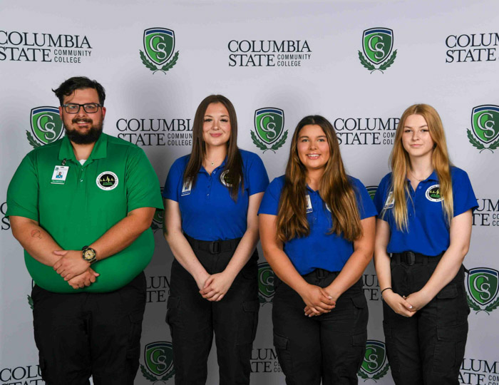 Pictured (left to right): Hickman County emergency medical technician graduate Christopher Zervas, and dual enrollment EMT graduates Madison Sabala, Gabrielle Loftin and Alexis Smith.