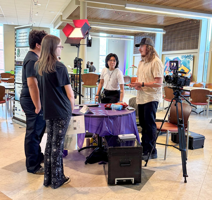 Columbia Central High School students speak with Columbia State film crew technology students.