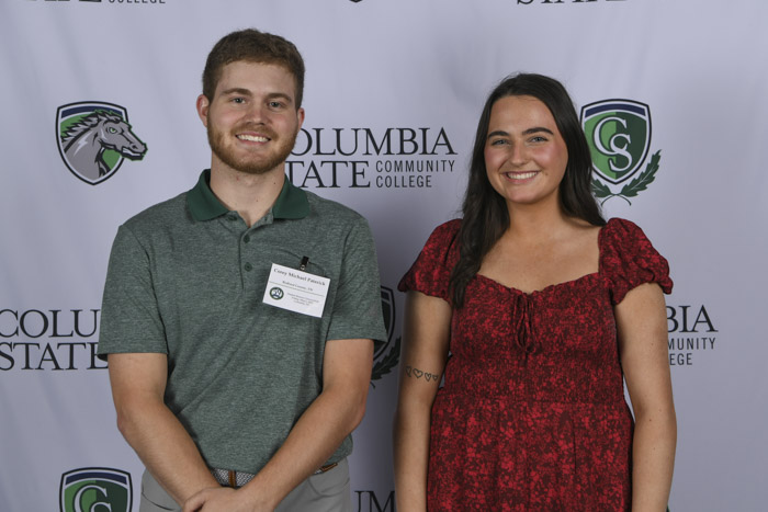 Pictured (left to right): Corey Patrick received the Academic Excellence Award and Grace Calvert received the Lambda Beta Honor Society Award.