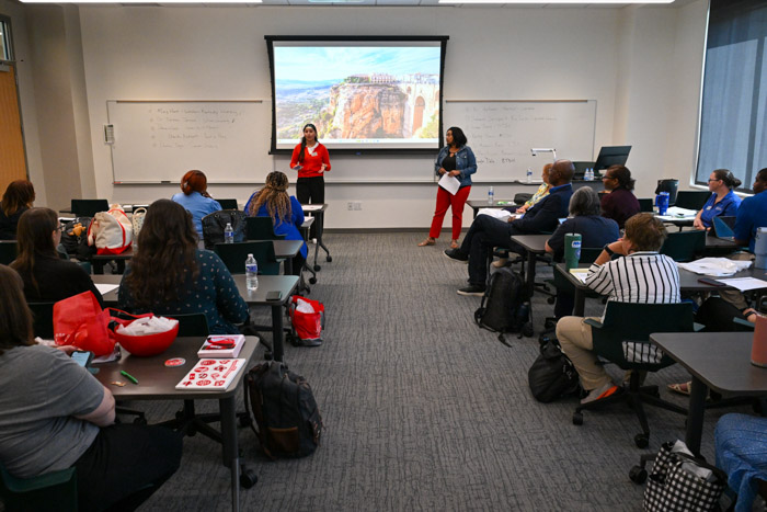 Two people stand and speak at the front of a room while a seated group of people listen.